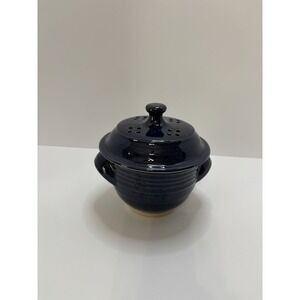 Vented Blue Stoneware Garlic Keeper Jar Made in Portugal.